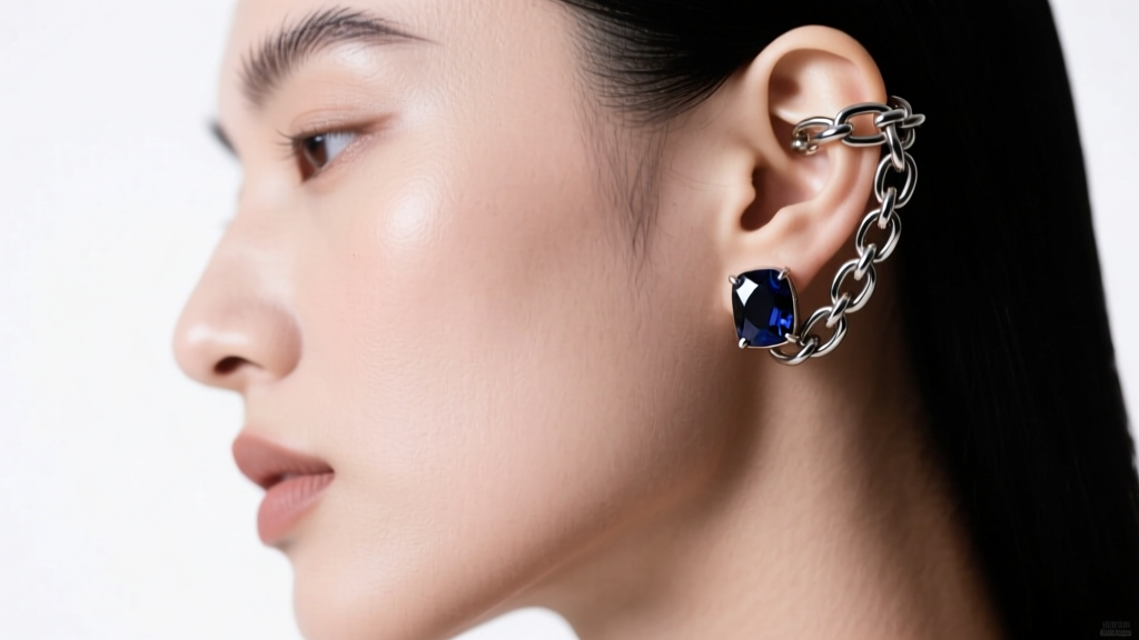 Side profile of a model wearing an industrial Ryuk ear cuff in niobium, featuring connected chains and dark gems in soft light.