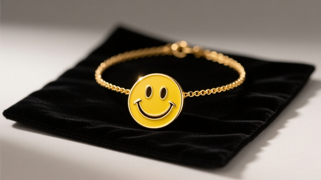 Yellow gold smiley emoji necklace with bright enamel resting on a dark velvet cleaning mat under soft warm studio lighting.