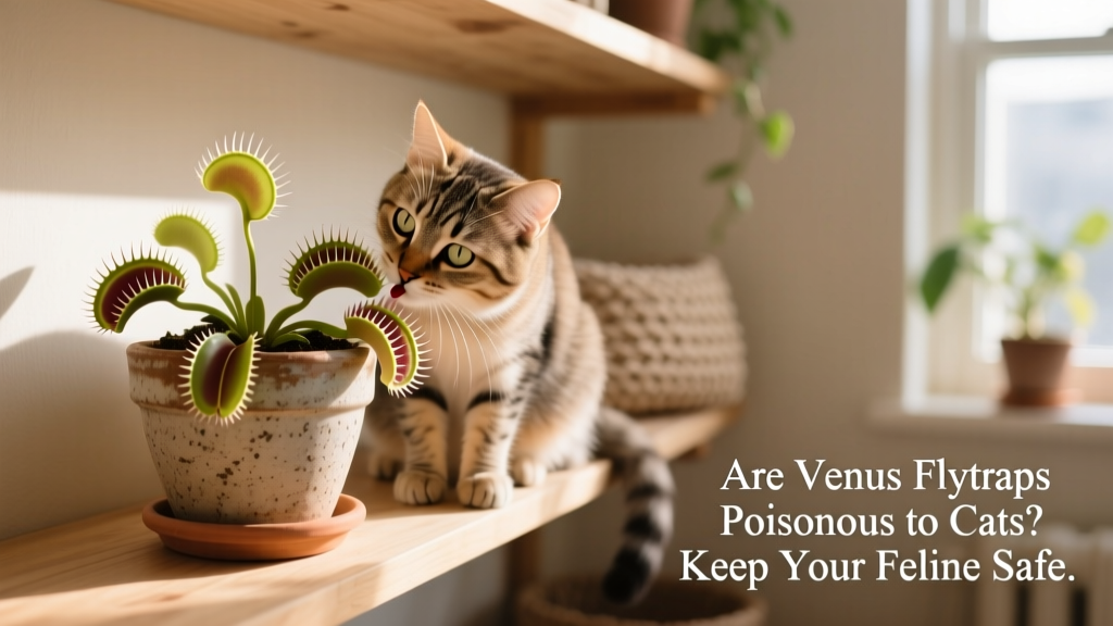 A cat gently sniffing a Venus flytrap in a ceramic pot, kept safely on a high shelf