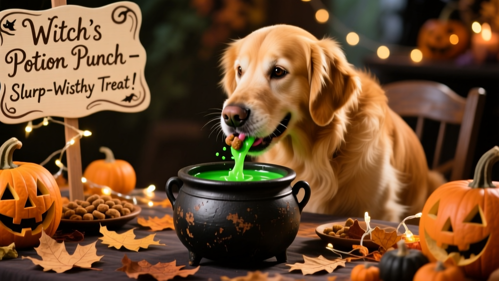 A golden retriever happily lapping green 'potion' from a black cauldron bowl on a decorated Halloween table