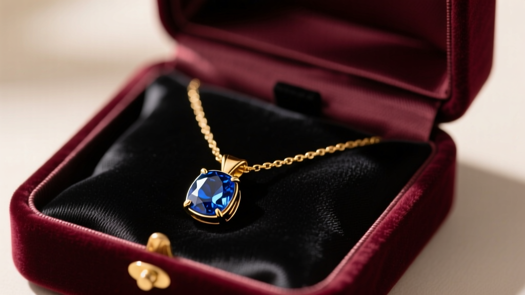 Open velvet box revealing an 18k gold necklace with a bezel-set raw sapphire stone pendant resting on dark silk