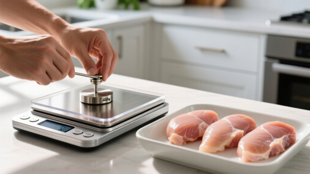 Close-up of hands calibrating a Greater Goods digital food scale with a 500g metal weight next to pre-weighed chicken breast portions