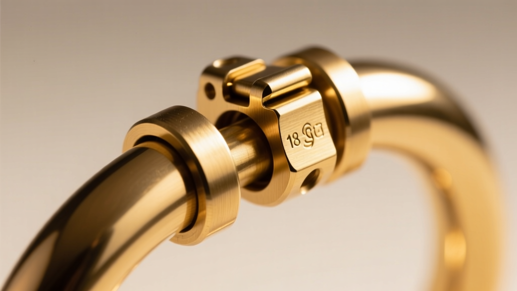 Macro shot of a secure hinge and snap clasp mechanism on an 18-gauge gold tube hoop, showing the interlocking metal groove