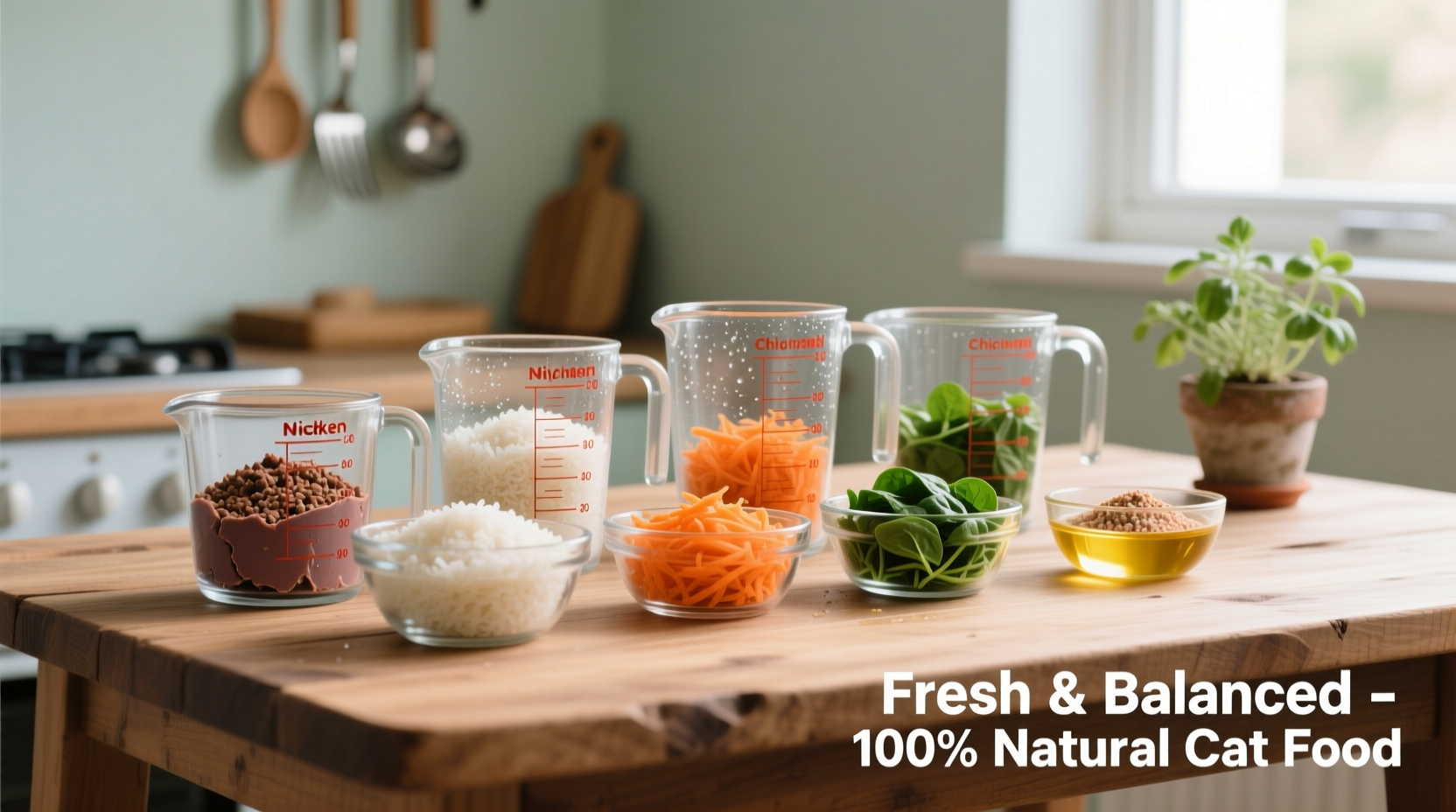 Homemade cat food ingredients in measuring bowls