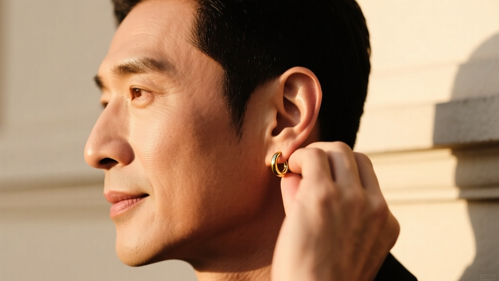 Profile of a man adjusting a 14k gold small hoop earring in his upper ear, warm sunlight highlighting the polished metal surface