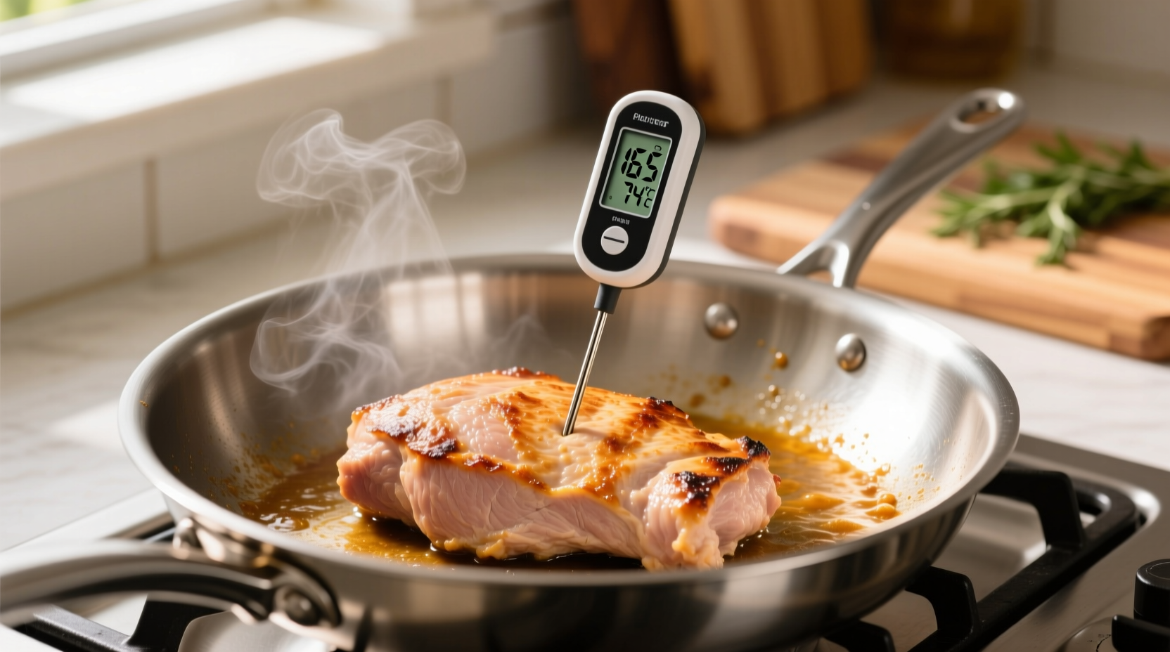 Ground turkey cooking in skillet with thermometer