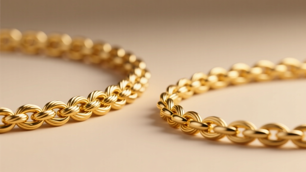 Close-up of a 10k gold rope chain beside an 18k gold rope chain, revealing color differences under warm studio light.