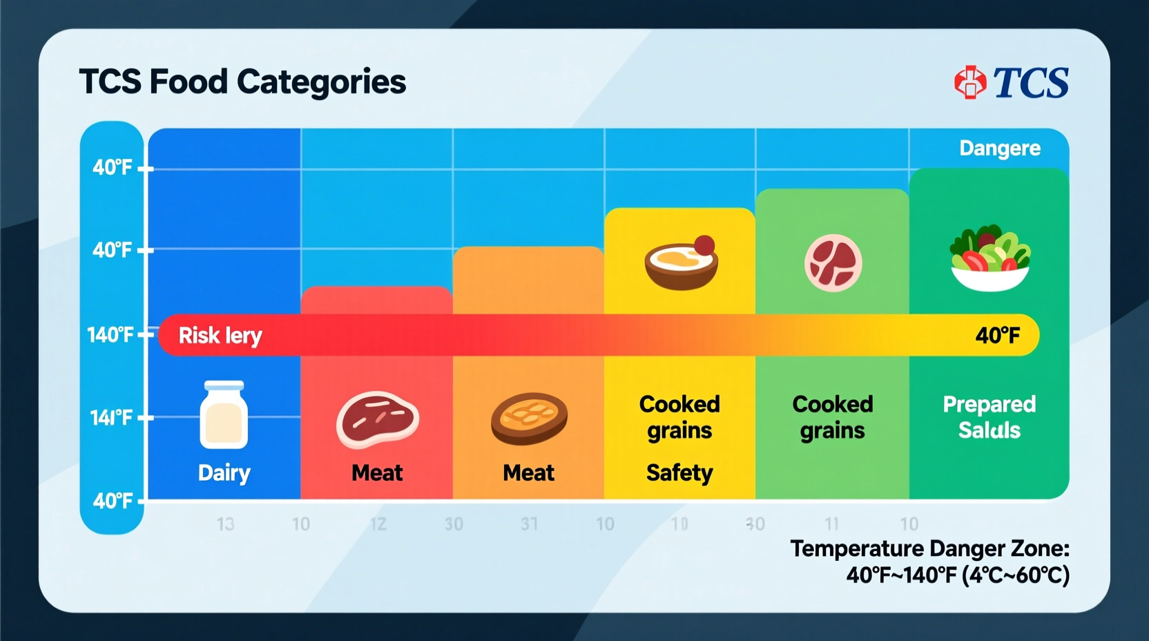 Colorful chart showing TCS food categories and temperature danger zone