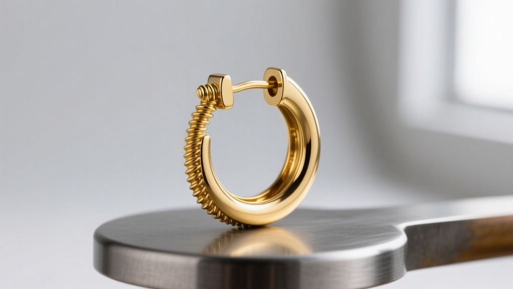 Side profile of a 14k gold Cape Cod hoop earring showing the screwball clasp mechanism resting on a steel jeweler's bench block.