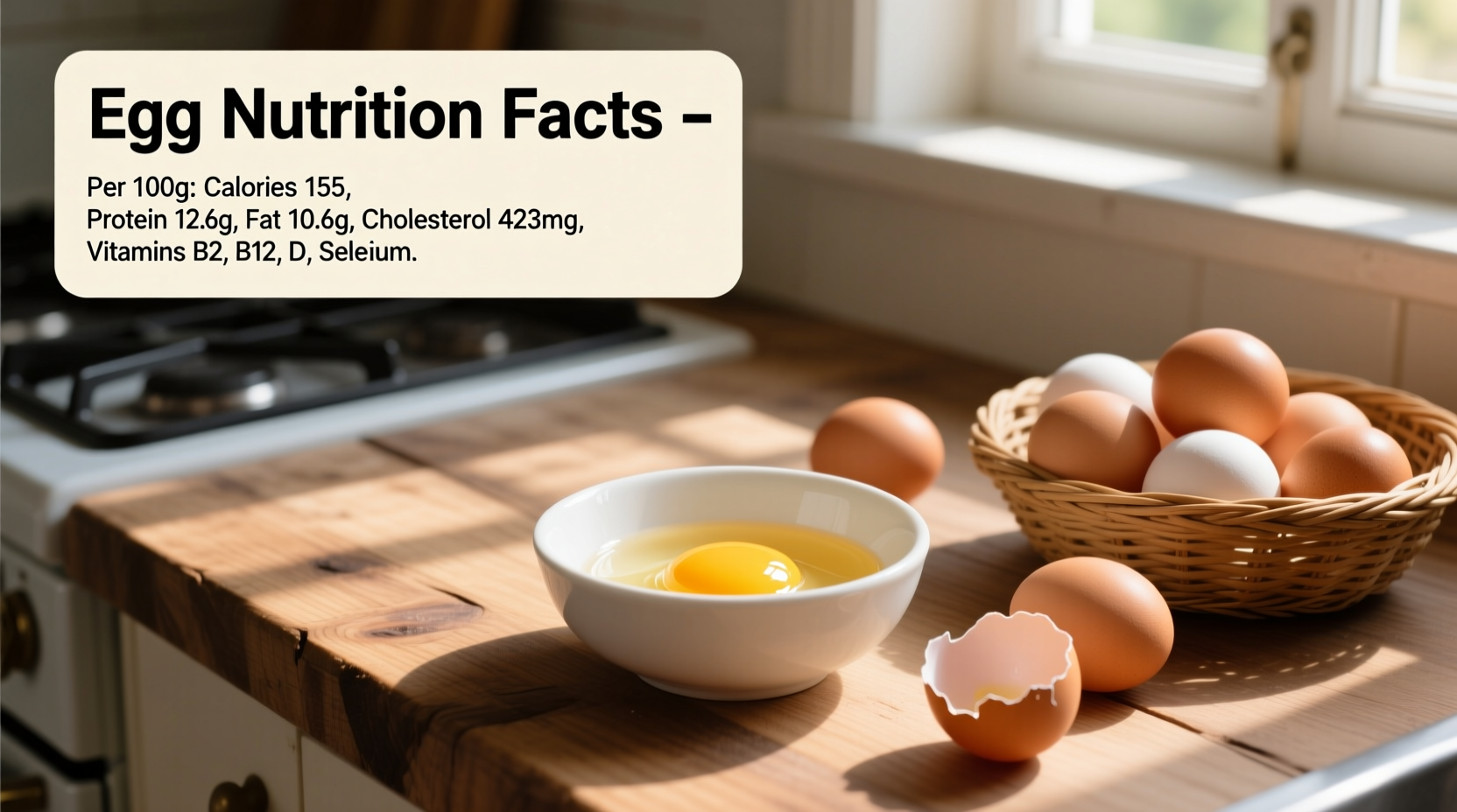Egg nutrition facts on a kitchen counter