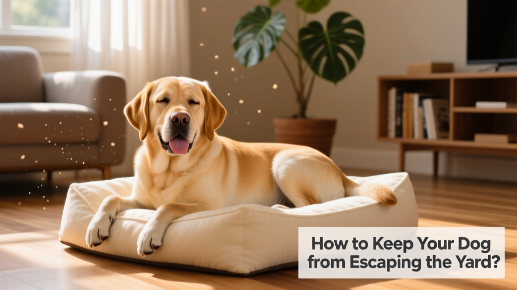 A relaxed, happy dog resting on a cozy dog bed inside a sunlit living room