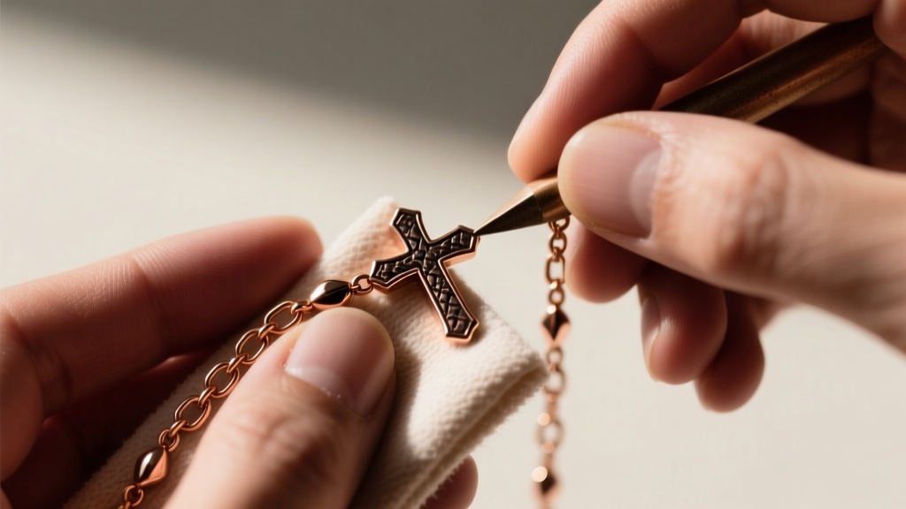 Hands polishing an oxidized 10k rose gold rosary chain with a soft cloth, revealing the bright, untarnished metal underneath.