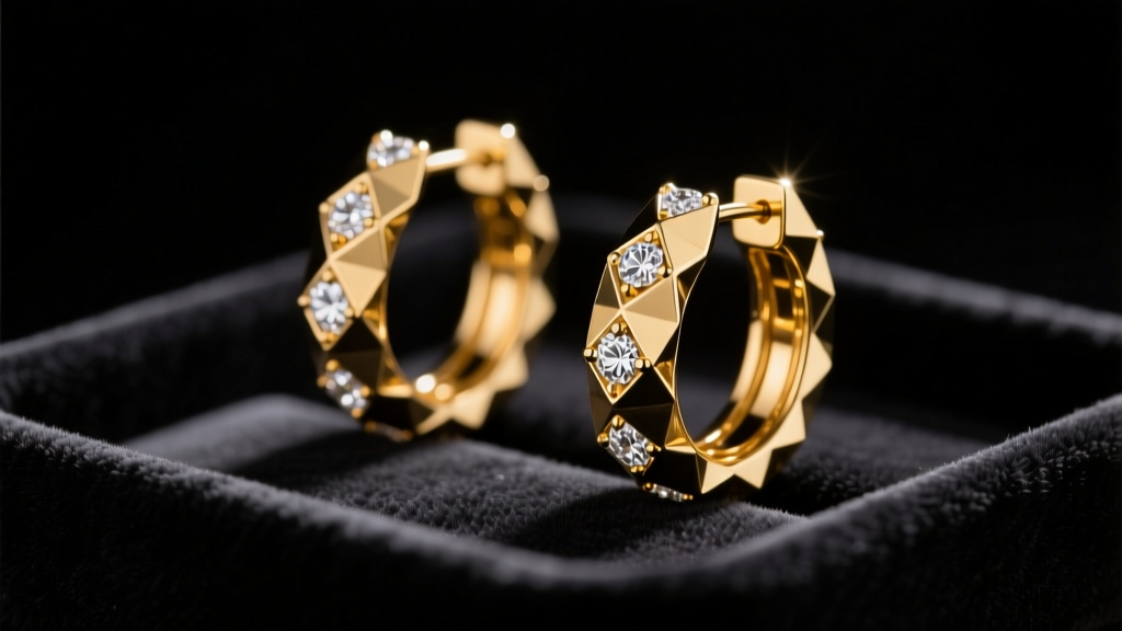 Elegant display of 14k yellow gold diamond-cut hoop earrings resting on a black velvet jewelry tray under warm boutique lighting