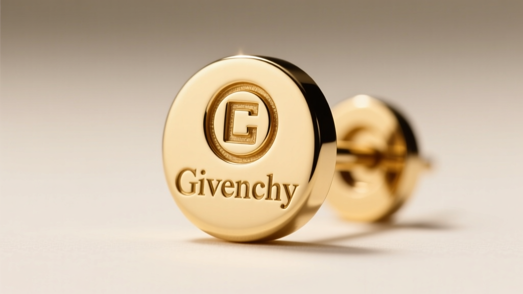 Macro shot of Givenchy hallmark on gold-tone earring post, sharp focus on the copyright symbol and crisp, clean lettering details.