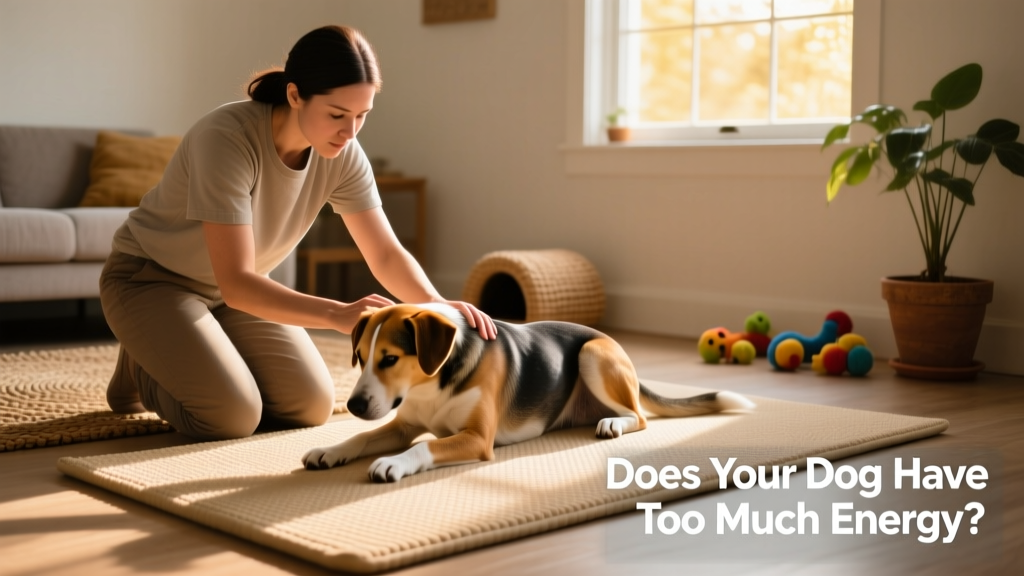A trainer calmly guiding a dog through a 'settle' exercise on a mat