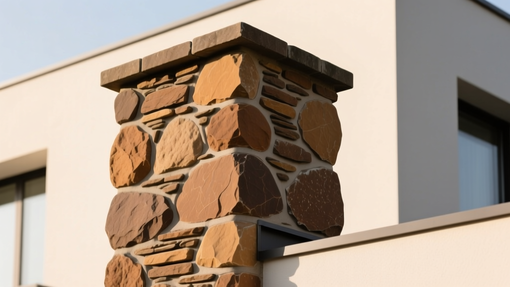 Exterior chimney clad in stone veneer fieldstone featuring rounded irregular shapes in warm brown hues with thick mortar joints