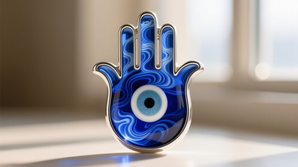 Macro shot of a cobalt blue glass evil eye set in a sterling silver hamsa hand, revealing intricate glass swirl patterns.