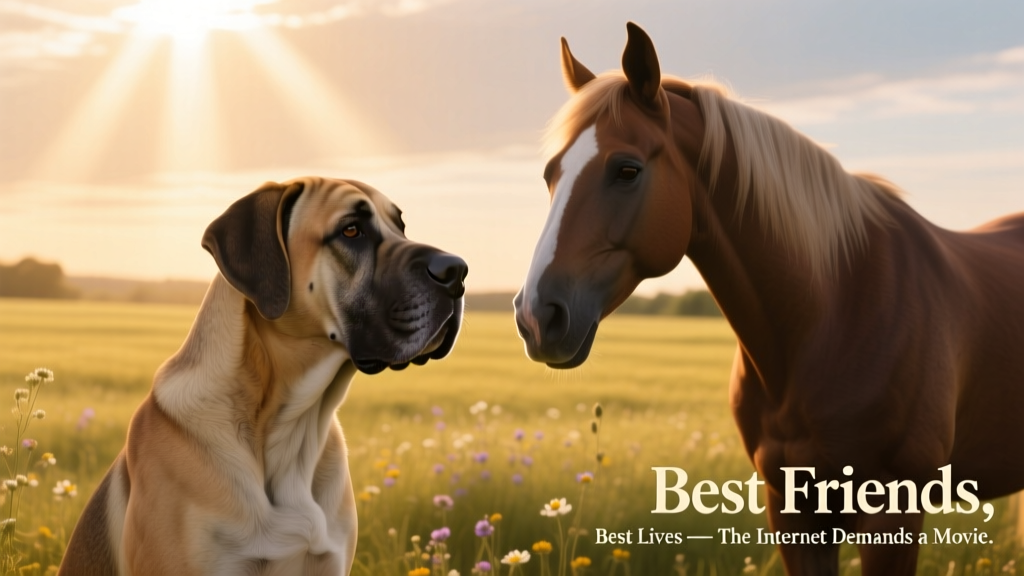 Side-by-side portrait of a calm, affectionate Great Dane and a relaxed horse standing shoulder-to-shoulder in a sunlit field