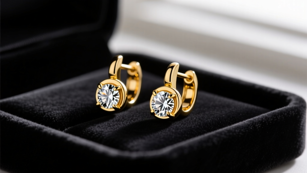 Close-up of 18k yellow gold farandole threader earrings with a sliding bezel-set diamond resting on a dark velvet display tray.