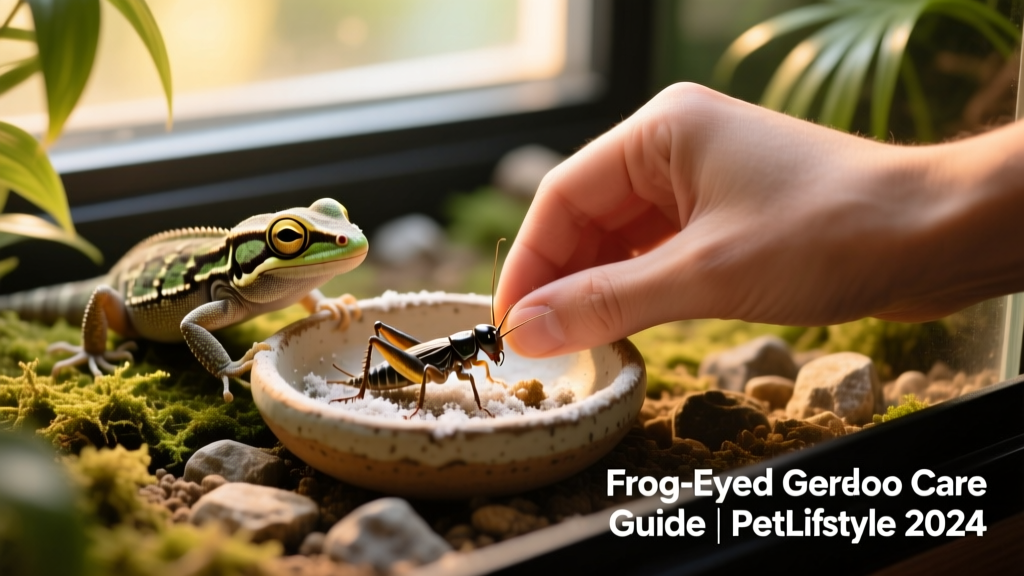 Hand placing dusted crickets into a shallow ceramic feeding dish inside a gecko enclosure