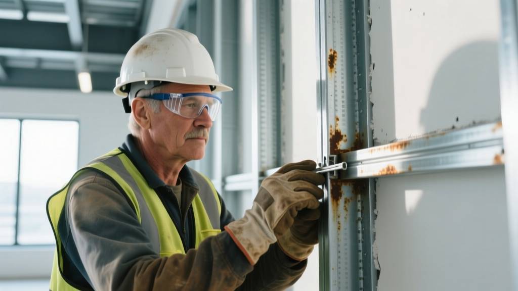 Close-up of a construction worker in safety gear inspecting galvanized steel stud connections for rust spots on a commercial interior wall frame