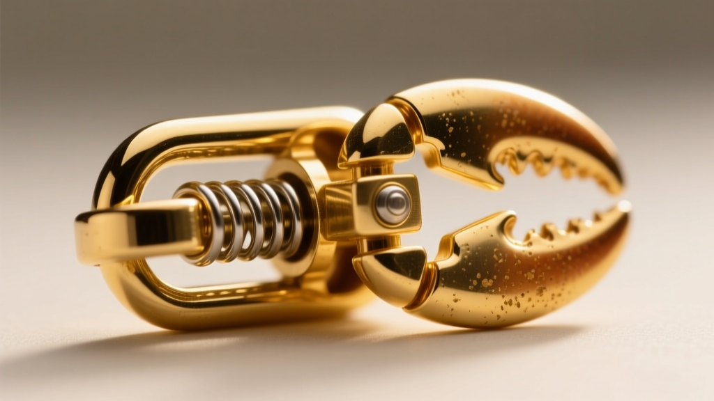 Macro shot of a 14k yellow gold lobster clasp mechanism, highlighting the internal steel spring and trigger lever in sharp focus.