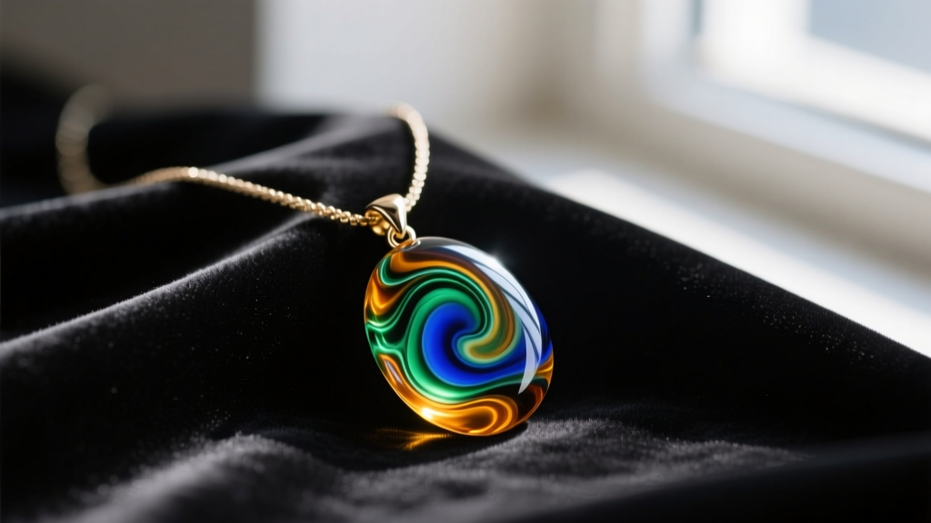 Close-up of a vibrant Murano vetro necklace with a Sommerso glass pendant resting on dark velvet fabric in soft natural lighting.