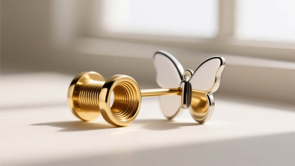 Macro shot of internally threaded 18k gold earring post beside a nickel butterfly back, highlighting the fine thread differences