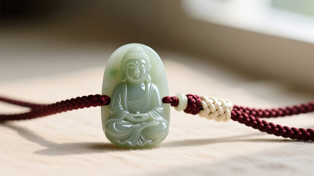Close-up of braided silk cord securing a carved nephrite Buddha pendant with a sliding macrame clasp on a neutral linen backdrop