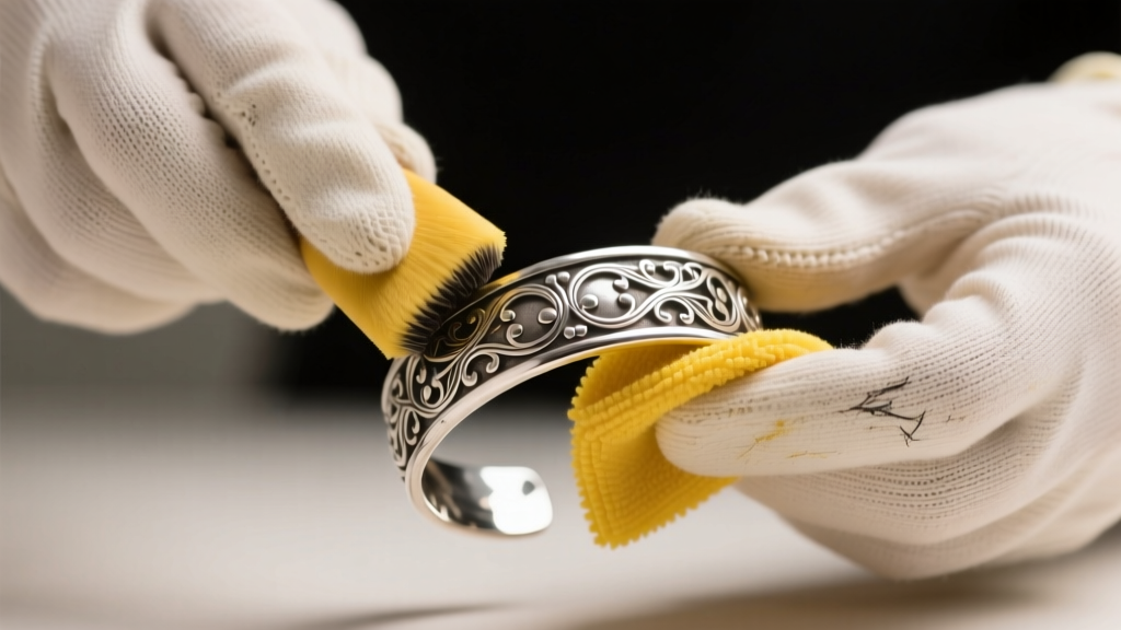 Hands in cotton gloves buffing a vintage sterling silver cuff bracelet with a yellow treated microfiber jeweler's polishing cloth