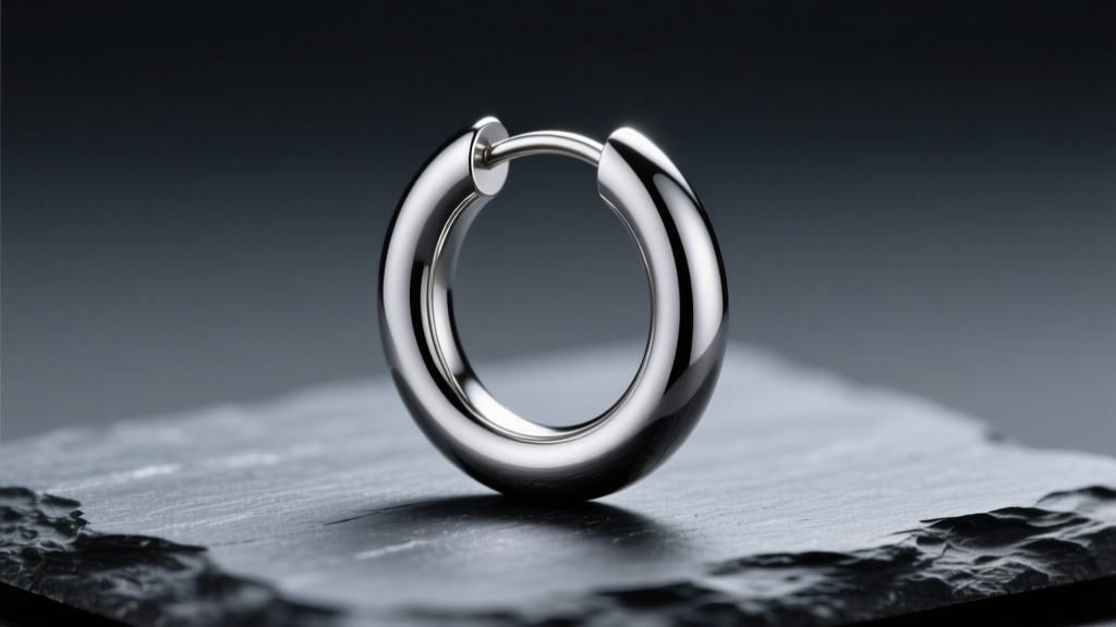 Macro shot of an ASTM F136 implant-grade titanium seamless hoop earring resting on dark slate with soft directional lighting