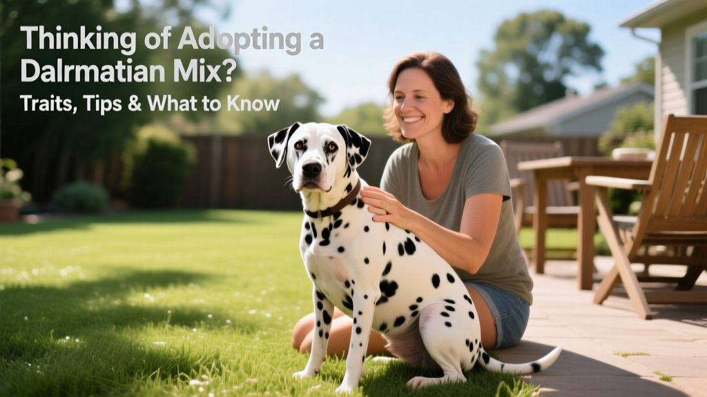 A friendly Pitmatian mix sitting calmly beside its owner on a grassy backyard patio