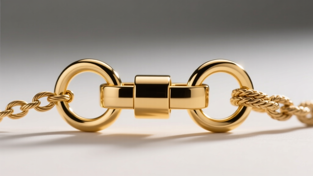 Macro shot of a gold necklace spacer bar clasp, showing two jump rings holding a delicate cable chain and a medium rope chain apart