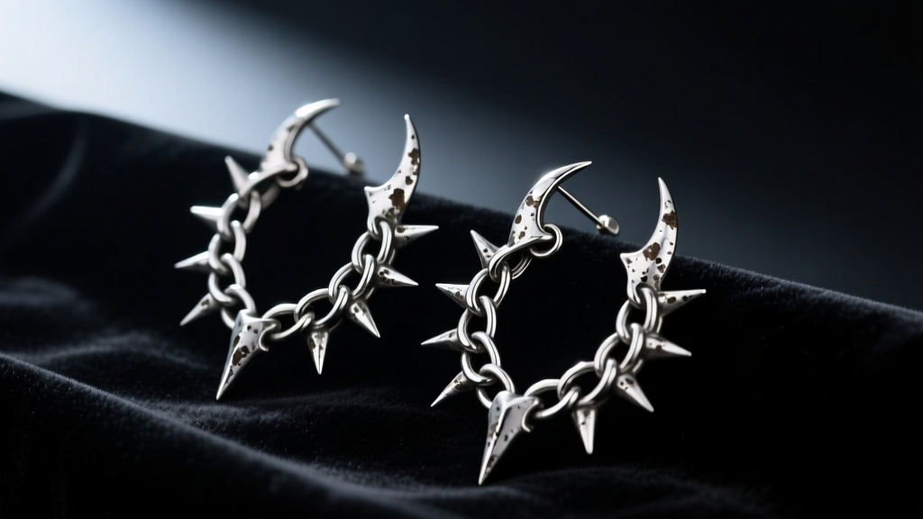 Oxidized silver kpop demon hunters earrings with chain and spike motifs resting on dark velvet under dramatic moody lighting.