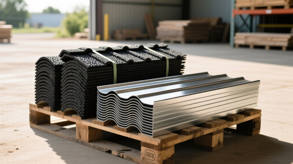 Stacked bundles of architectural asphalt shingles and interlocking standing seam metal panels on a pallet with a digital pricing tablet overlay in a lumberyard