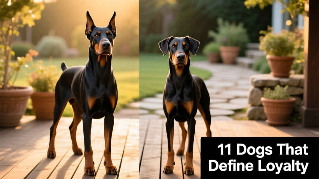 Side-by-side comparison of a Doberman Pinscher and a German Pinscher, highlighting their shared sleek silhouette and alert expressions