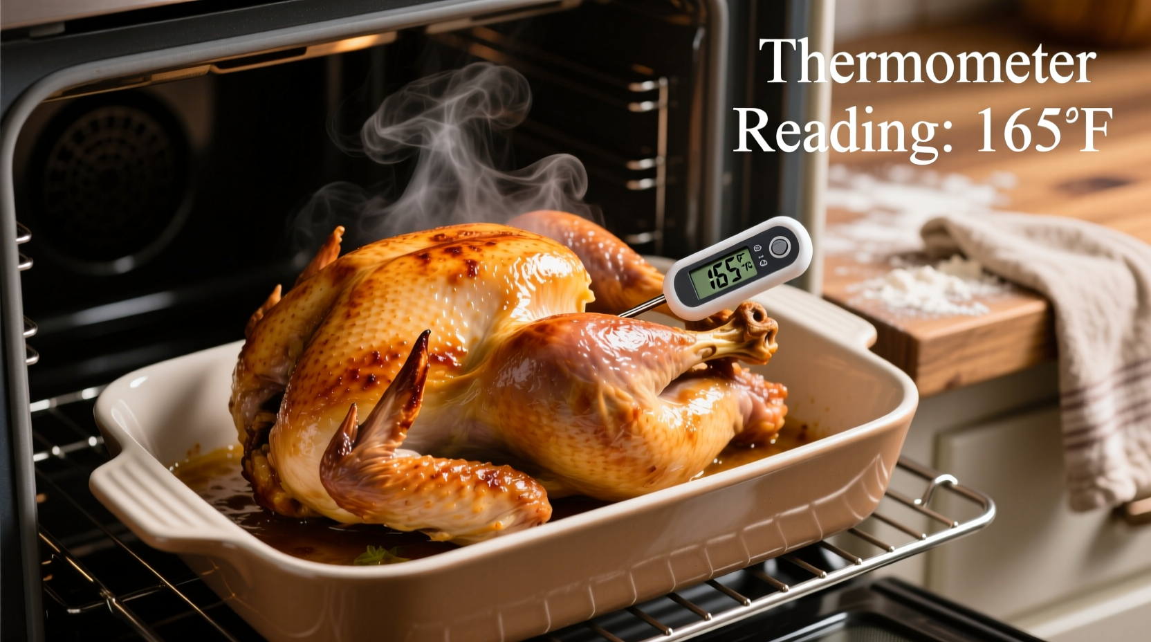 Bone-in turkey breast roasting in oven with thermometer