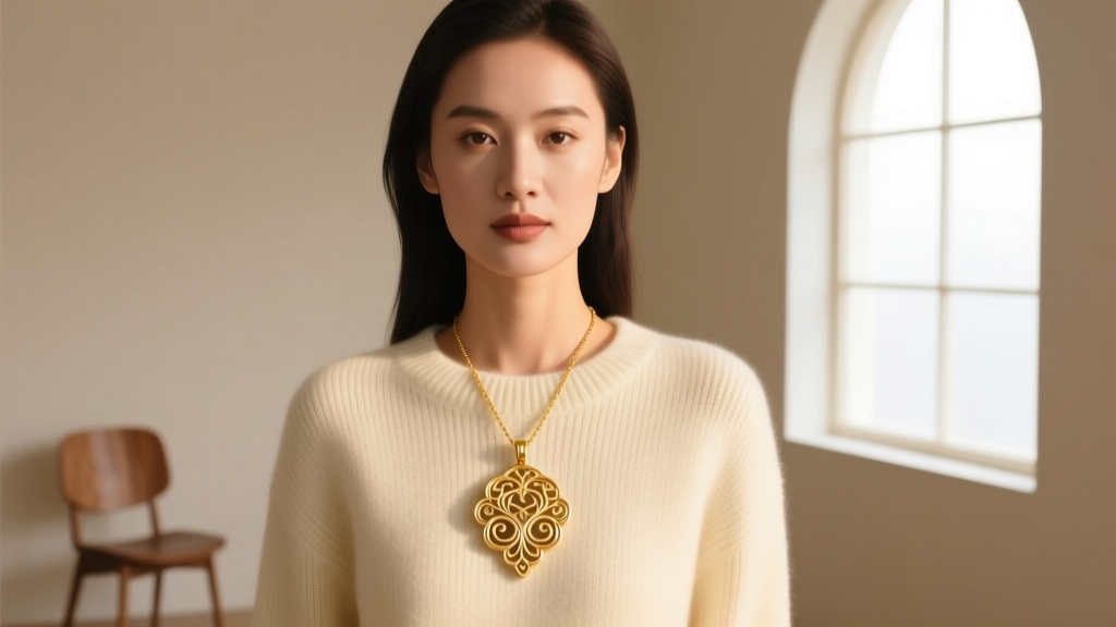 Woman wearing a gold vermeil ornate pendant over a cream sweater, soft window light highlighting the filigree details.