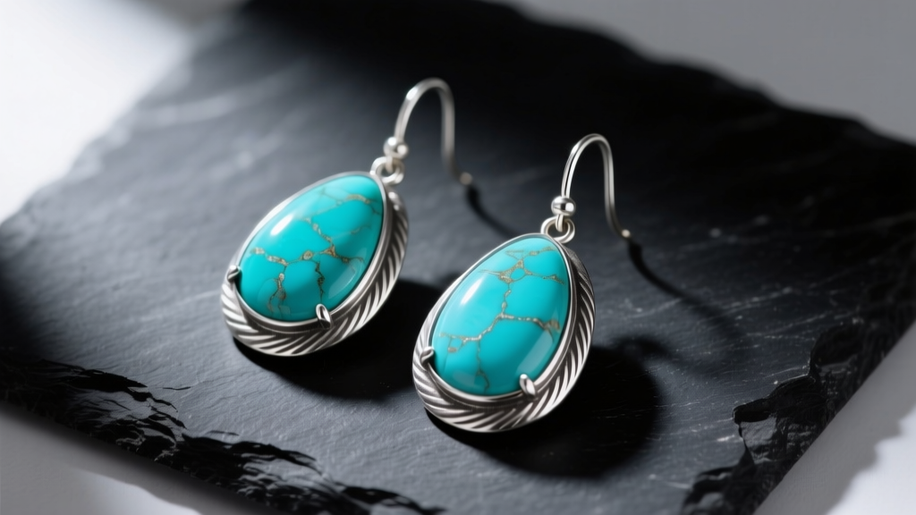 Large natural turquoise drop earrings in oxidized sterling silver resting on dark slate under soft directional studio lighting