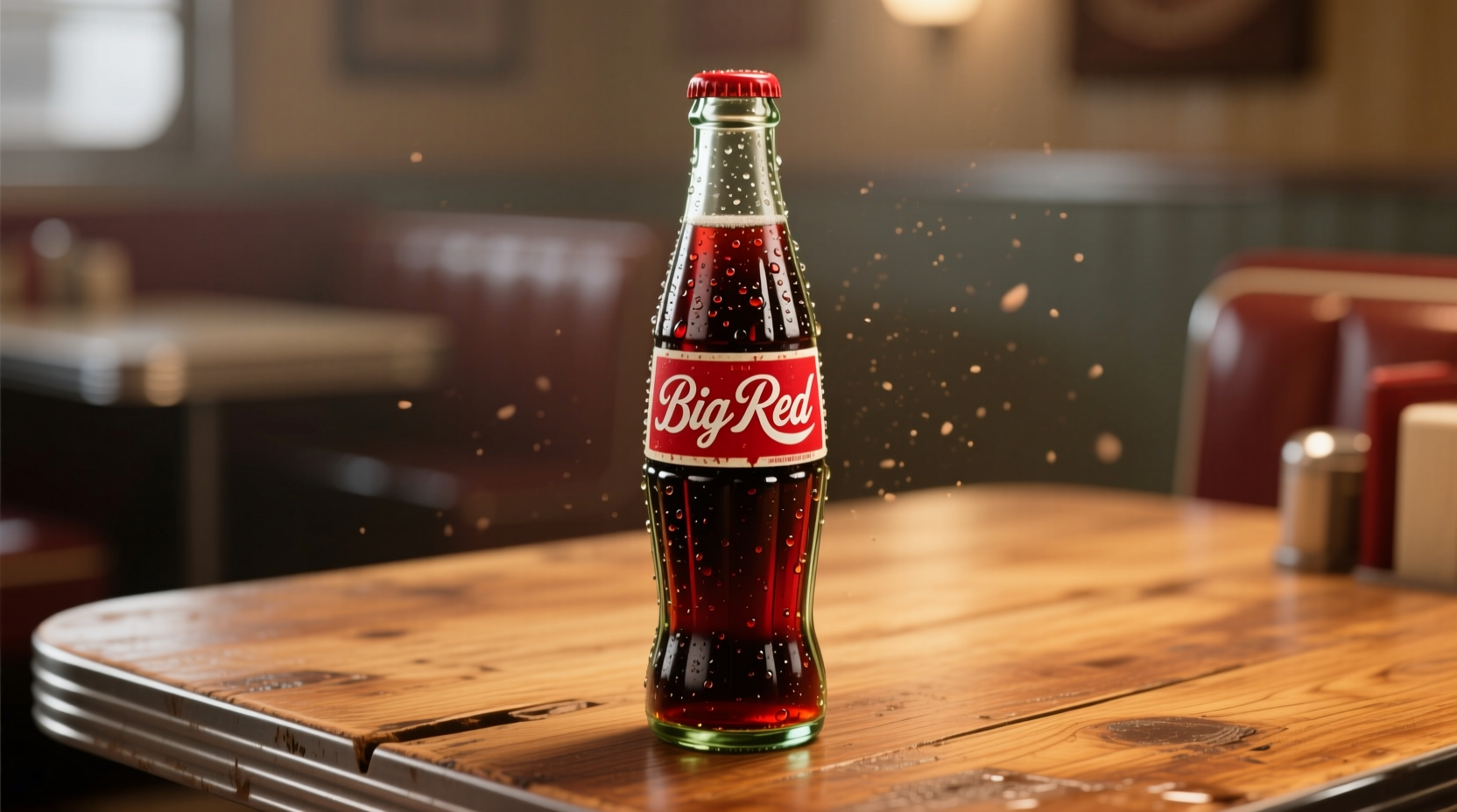 Big Red soda bottle with condensation on a wooden table