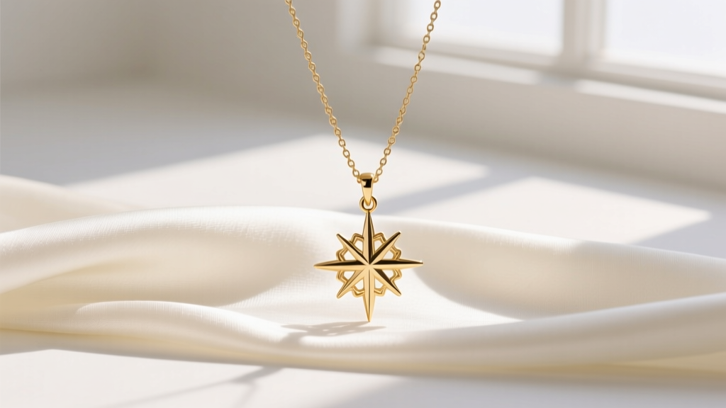 Flat lay of a delicate 14k gold north star pendant necklace resting on ivory silk fabric in soft morning light
