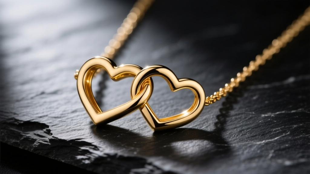 Macro shot of a 14k gold interlocking heart necklace on dark slate, highlighting the precise gap between the two metal loops.