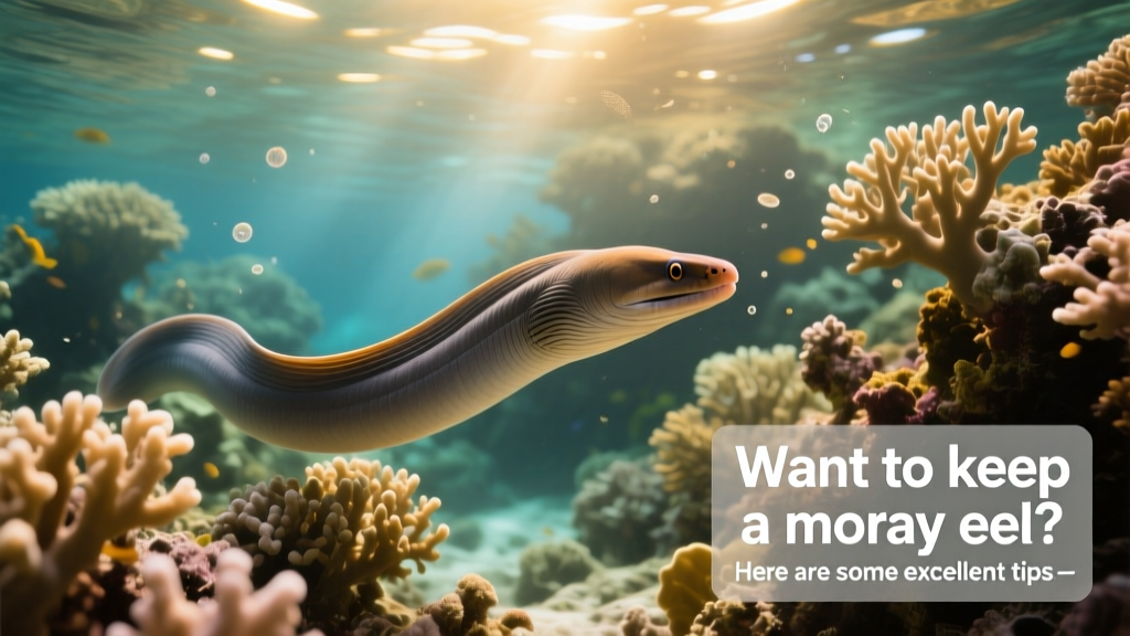 Healthy moray eel swimming calmly past soft corals and branching stony corals in a mature reef aquarium