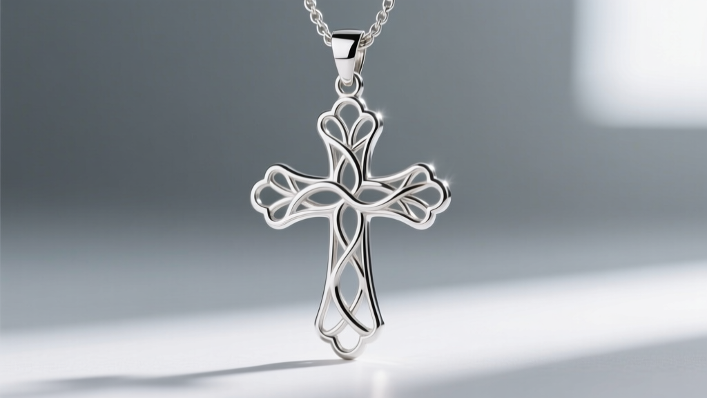 Macro shot of a 925 sterling silver streetwear cross pendant showing intricate filigree detailing and bright rhodium plating.