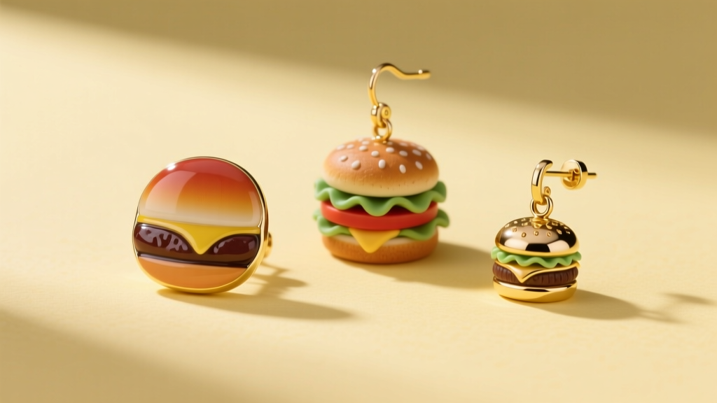 Flat-lay of hamburger earrings on pastel yellow: an enamel stud, polymer clay dangle, and gold vermeil charm in soft light