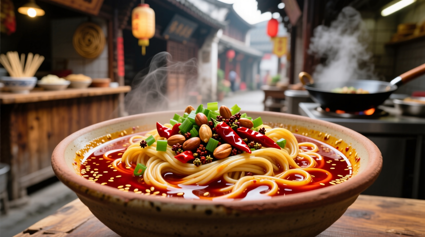 Authentic Sichuan dan dan noodles with chili oil swirl