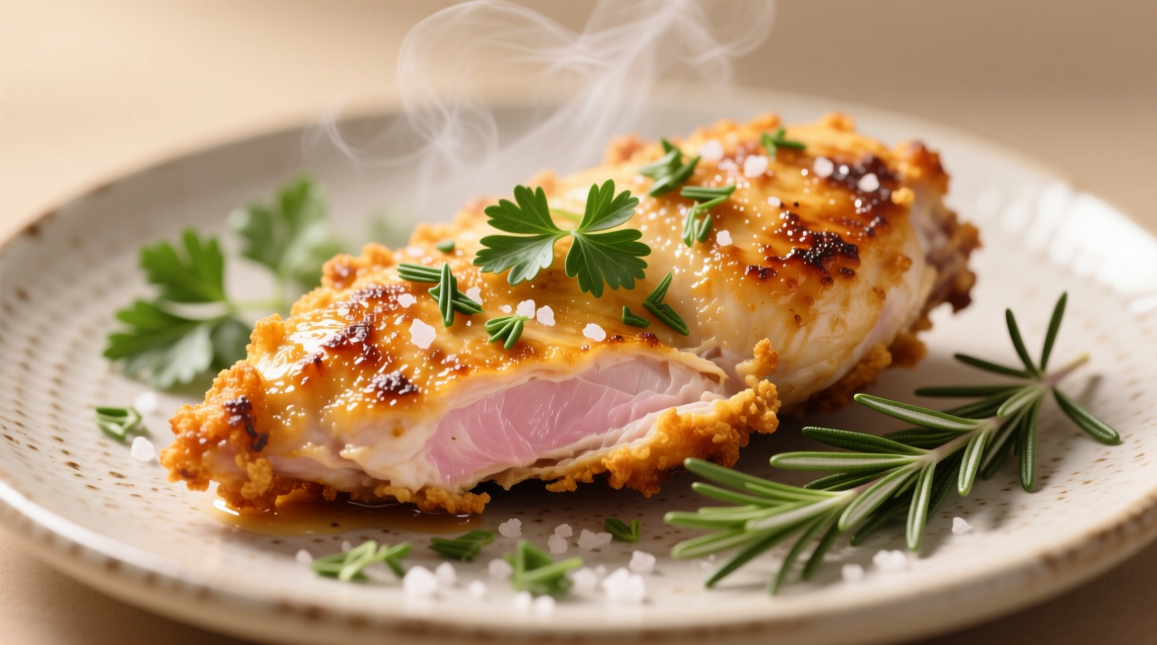 Golden crispy air fried chicken breast with herbs
