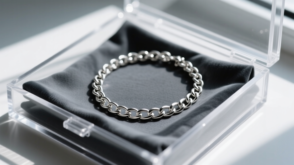 Macro shot of a sterling silver chain necklace resting on a dark grey anti-tarnish cloth inside an airtight acrylic storage box.