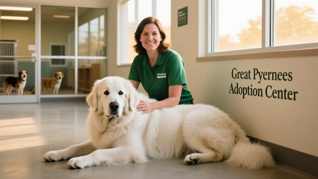 A calm Great Pyrenees sitting beside a volunteer at a clean, well-lit rescue facility