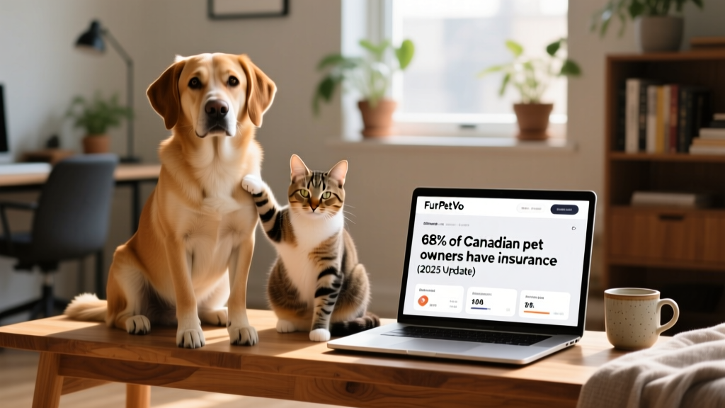 A calm, confident dog and cat sitting side-by-side beside a laptop displaying the FurPetVo dashboard interface